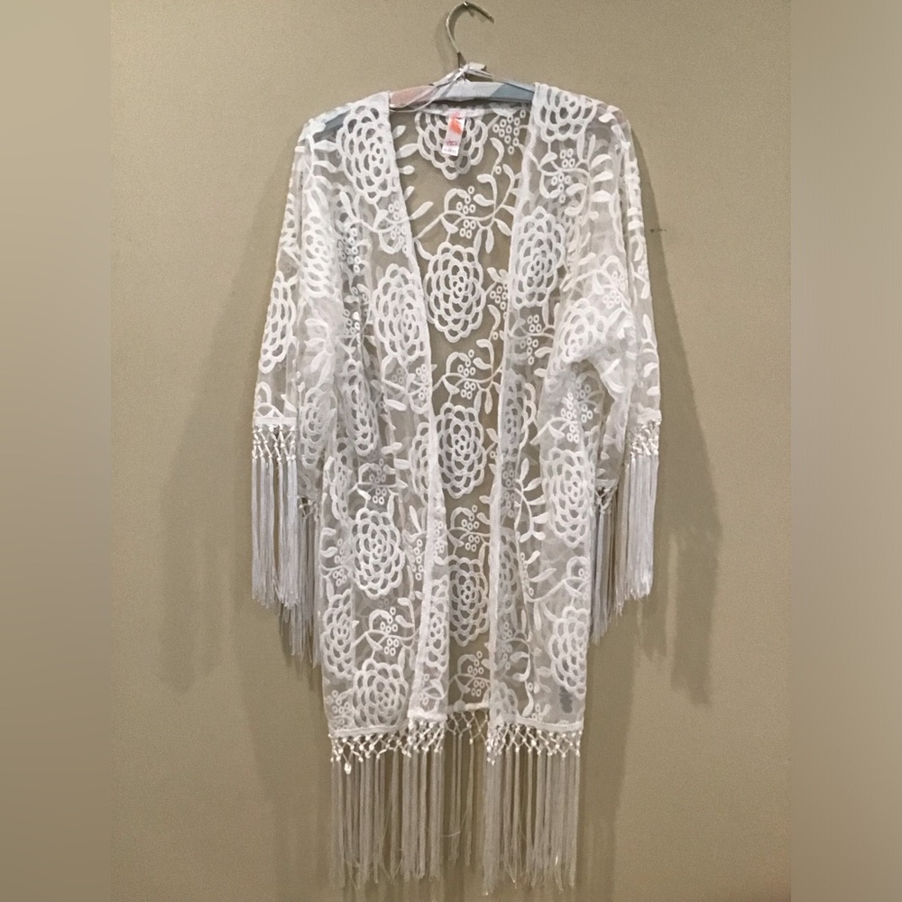 White Lace Fringe Kimono Jacket Coverup